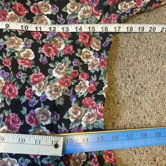 Vintage 80s Paquette Too! Red Black floral drop waist midi dress 14 Cottagecore - Picture 2 of 10